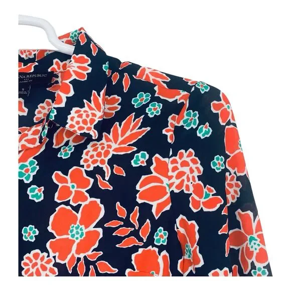 Banana Republic Classic Fit‎ Floral Coral Navy Blue Blouse Top Size Small - Picture 2 of 8